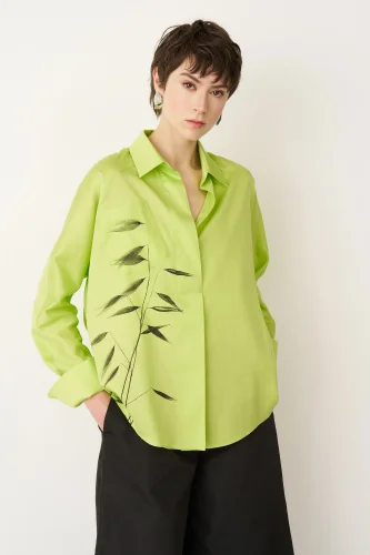 Yeşil Fırça Baskılı İnce Poplin Sporades Gömlek - BIZE (1)