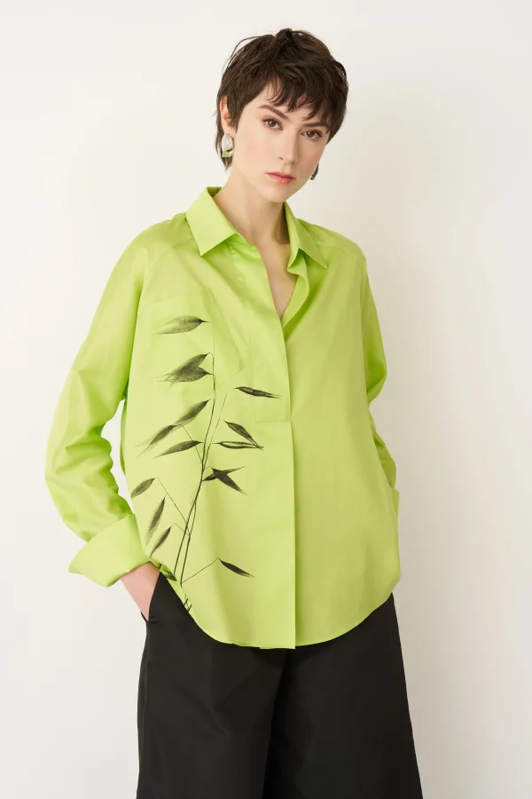 Yeşil Fırça Baskılı İnce Poplin Sporades Gömlek - 2
