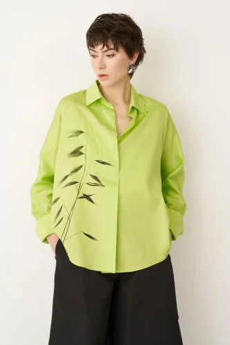 Yeşil Fırça Baskılı İnce Poplin Sporades Gömlek - 3