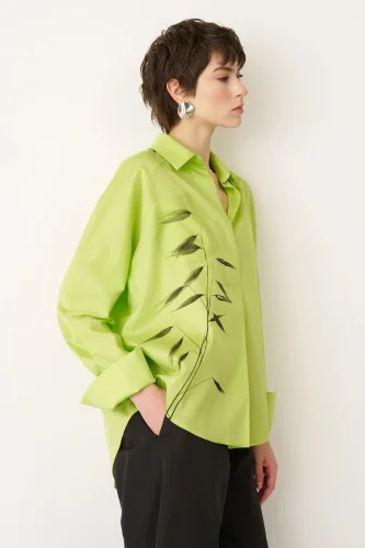 Yeşil Fırça Baskılı İnce Poplin Sporades Gömlek - 4