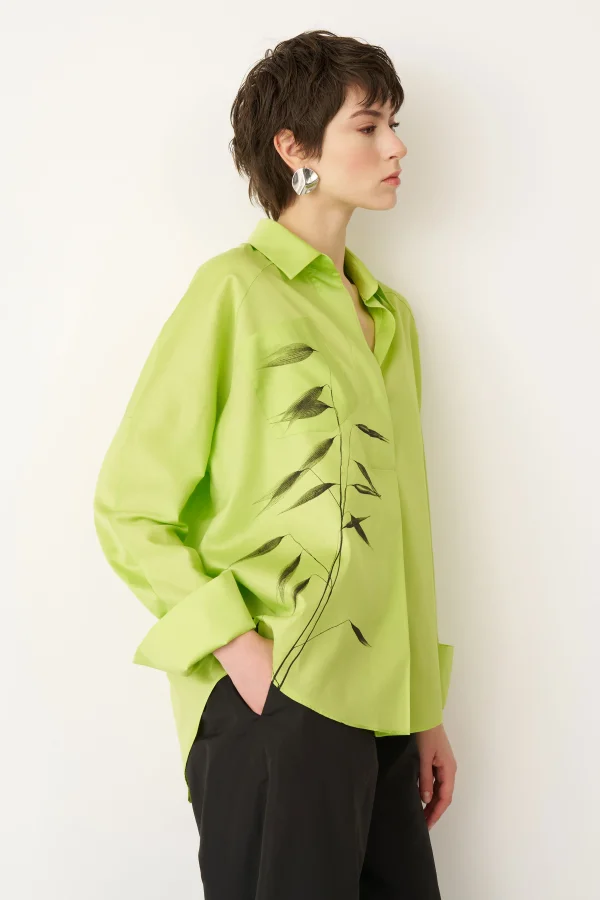 Yeşil Fırça Baskılı İnce Poplin Sporades Gömlek - 4