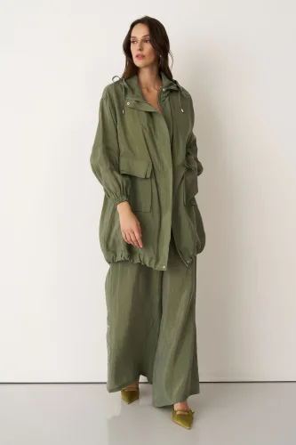 Yeşil Kapüşonlu Fermuarlı Büyük Cepli Mykonos Ceket - 4