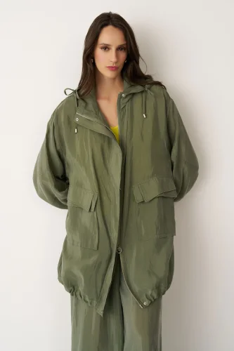 Yeşil Kapüşonlu Fermuarlı Büyük Cepli Mykonos Ceket - 1