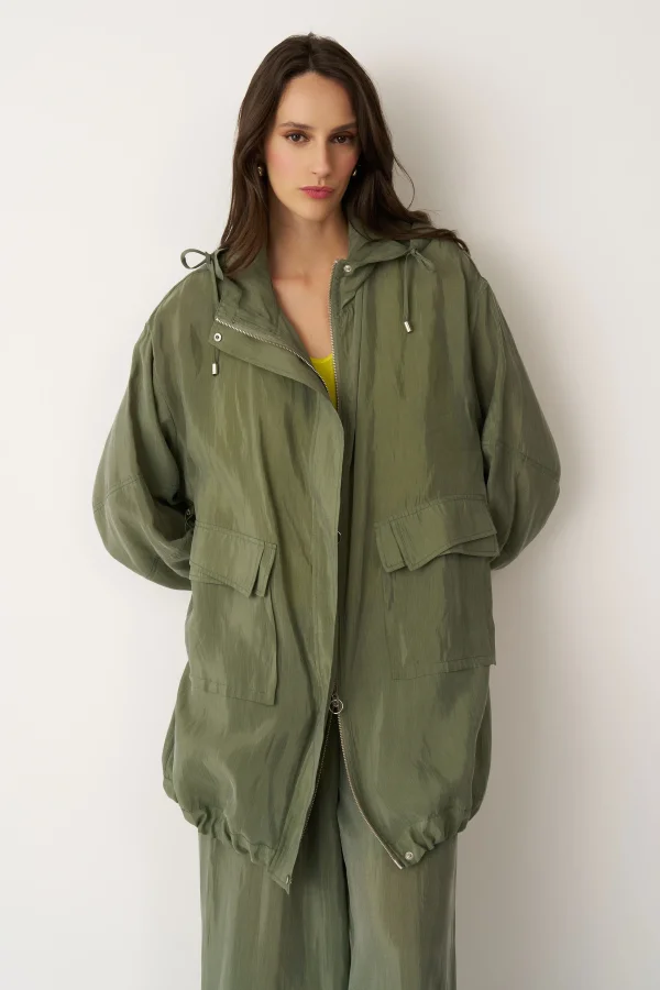 Yeşil Kapüşonlu Fermuarlı Büyük Cepli Mykonos Ceket - 1
