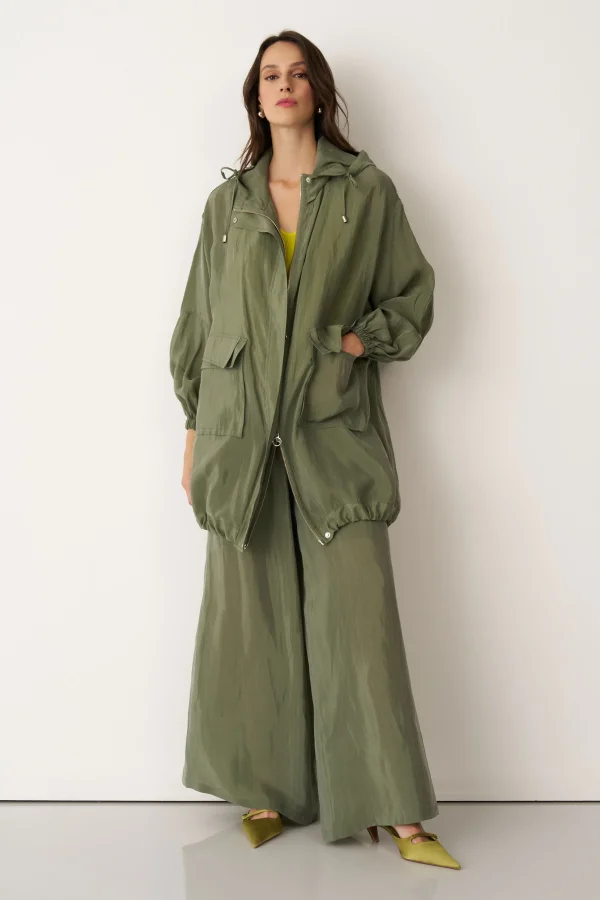 Yeşil Kapüşonlu Fermuarlı Büyük Cepli Mykonos Ceket - 2