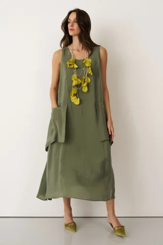Yeşil Kolyeli Büyük Cepli Mykonos Elbise - 3