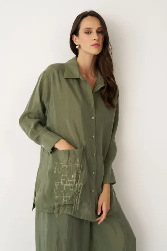 Yeşil Nakış Detaylı Büyük Cepli Mykonos Gömlek - 3