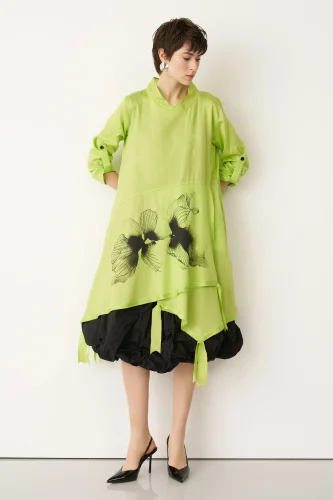 Yeşil Önü Baskılı Etek Ucu Büzülebilen Megalo Tunik - 1