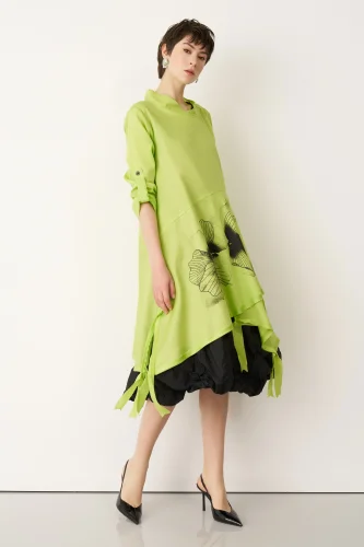 Yeşil Önü Baskılı Etek Ucu Büzülebilen Megalo Tunik - BIZE (1)