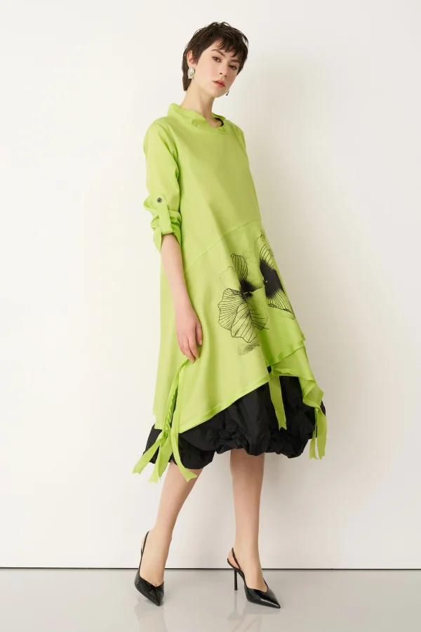 Yeşil Önü Baskılı Etek Ucu Büzülebilen Megalo Tunik - 2