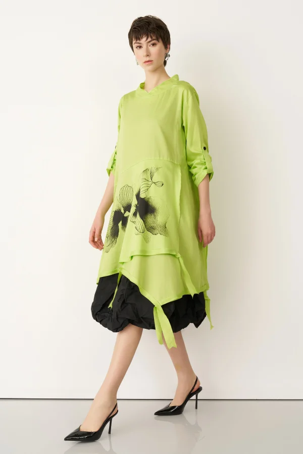 Yeşil Önü Baskılı Etek Ucu Büzülebilen Megalo Tunik - 4