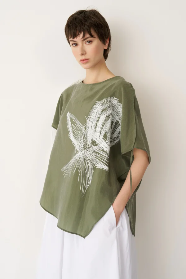 Yeşil Önü Baskılı Omuzu Kırışık Bantlı Mykonos Bluz - 3