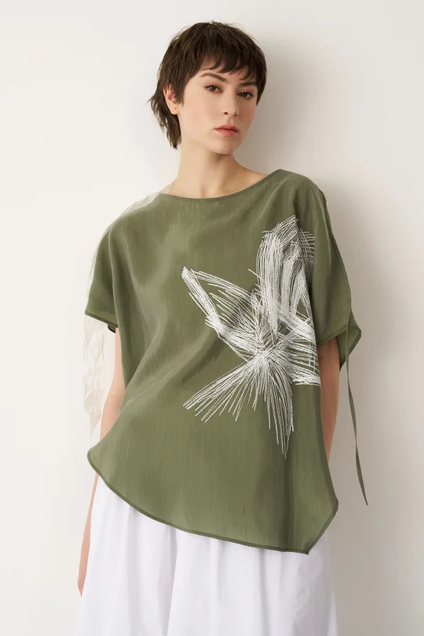 Yeşil Önü Baskılı Omuzu Kırışık Bantlı Mykonos Bluz - 1