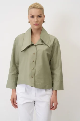 Yeşil Uzun Kol Geniş Yaka Korakas Gömlek - 3