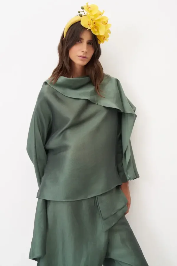 Yeşil Yakası Kola Uzanan Rhodes Bluz - 5