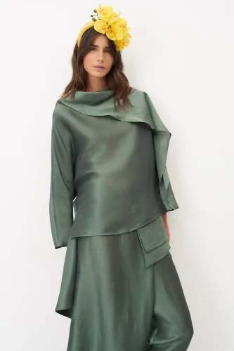 Yeşil Yakası Kola Uzanan Rhodes Bluz - 4