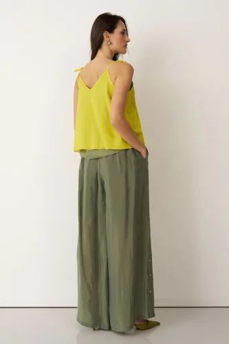 Yeşil Yanları Düğmeli Geniş Kesim Mykonos Pantolon - 4