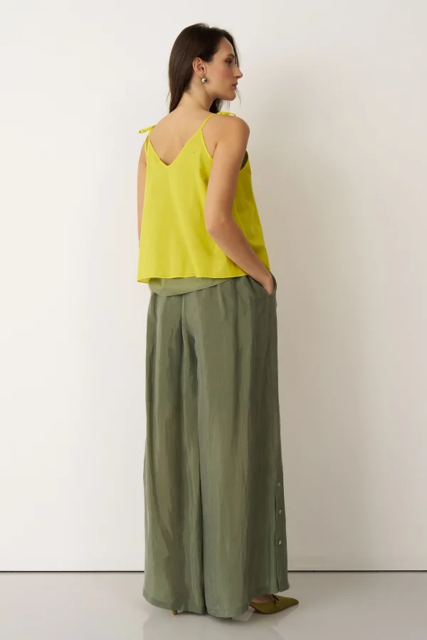 Yeşil Yanları Düğmeli Geniş Kesim Mykonos Pantolon - 4