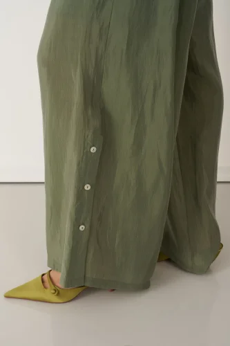 Yeşil Yanları Düğmeli Geniş Kesim Mykonos Pantolon - 3