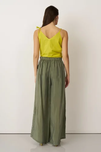 Yeşil Yanları Düğmeli Geniş Kesim Mykonos Pantolon - 5