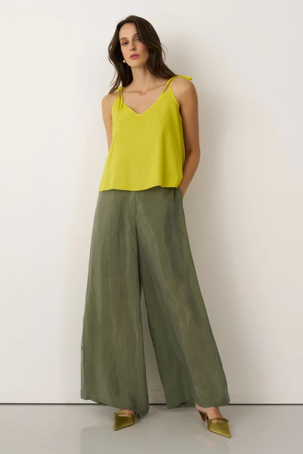 Yeşil Yanları Düğmeli Geniş Kesim Mykonos Pantolon - 1