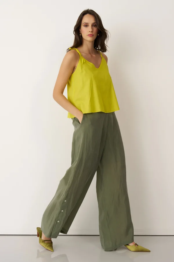 Yeşil Yanları Düğmeli Geniş Kesim Mykonos Pantolon - 2