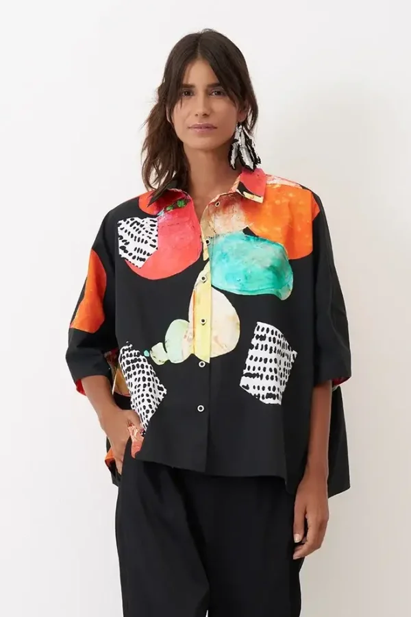 Yuvarlak Desenli Baskılı Önü Düğmeli Ios Gömlek - 1