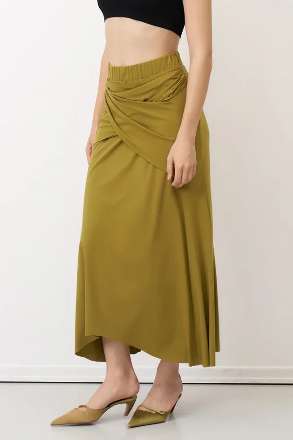 Zeytin Yeşili Çapraz Drapeli Midi Herakleia Etek - BIZE (1)