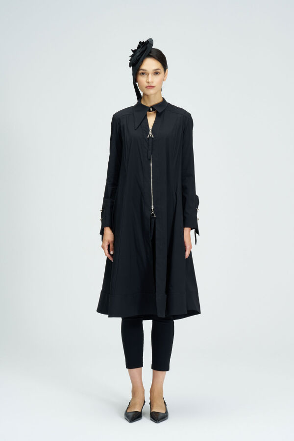 Zippered Shirt Dress - Black - 1